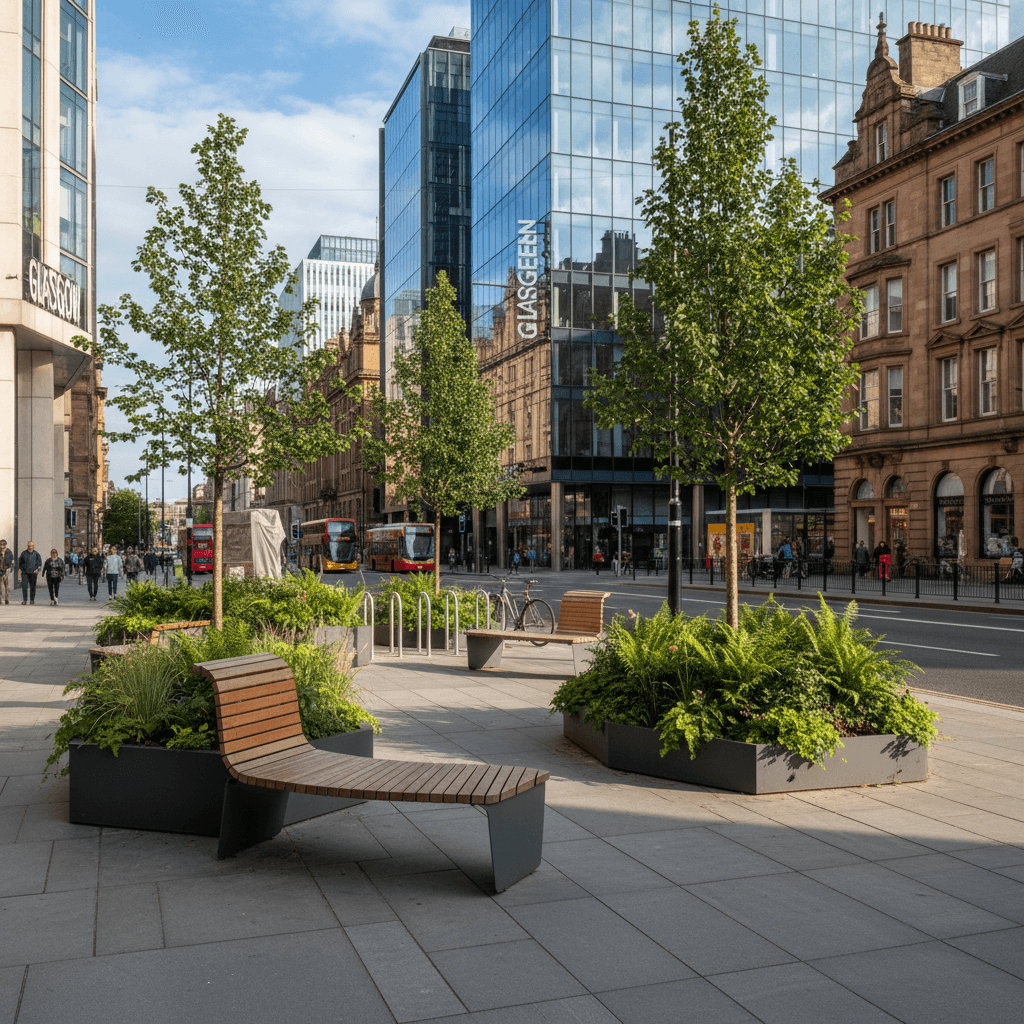 New green space installation on Glasgow avenue with contemporary seating and plants