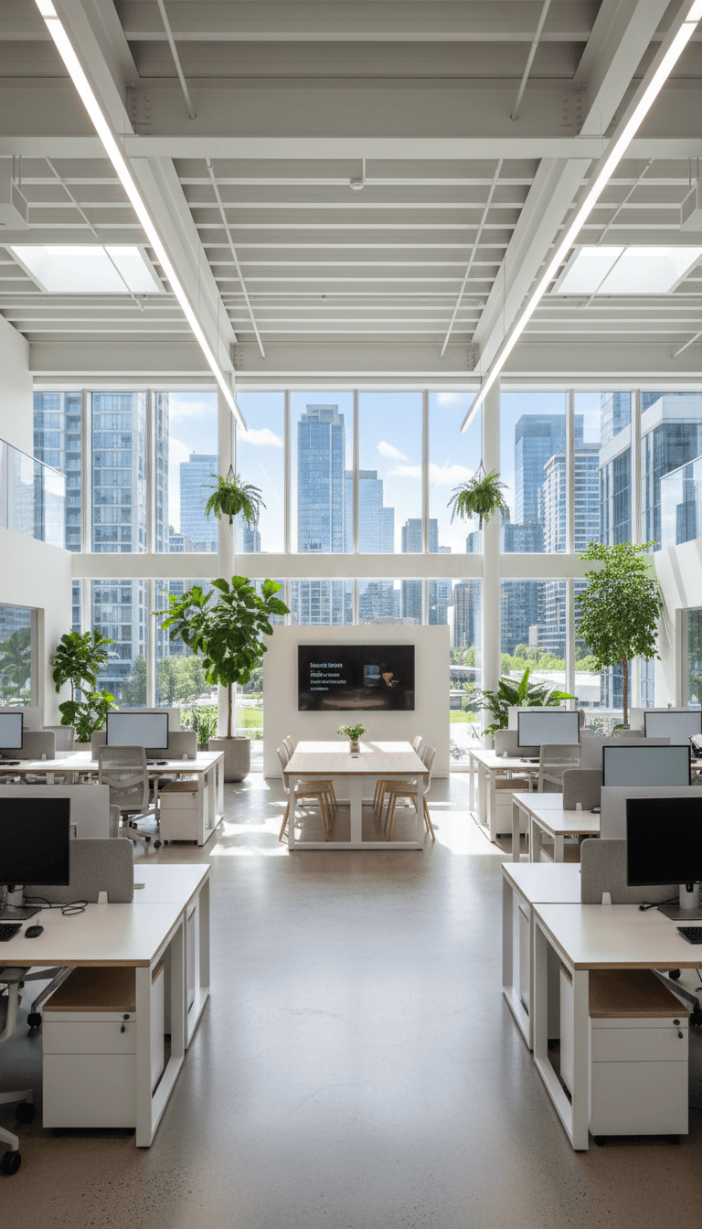 Bright open plan office area with large windows and natural light