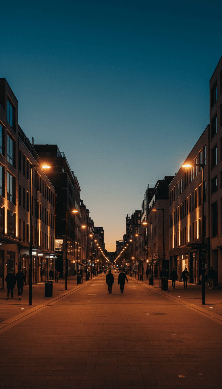 Evening view showing new street lighting and transformed ambiance