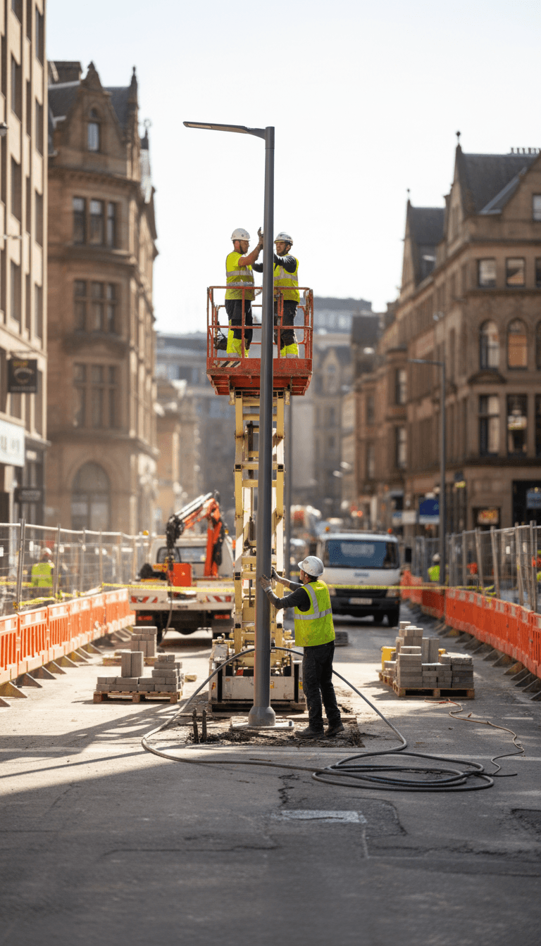 Construction phase with new street lighting installation