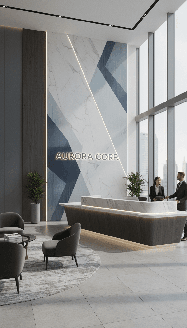 Sleek reception area with contemporary desk and seating