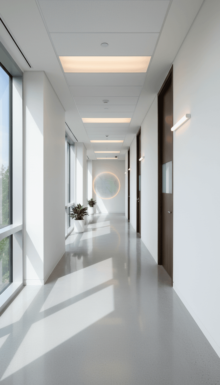 Clean bright corridor with doors along a quiet office floor