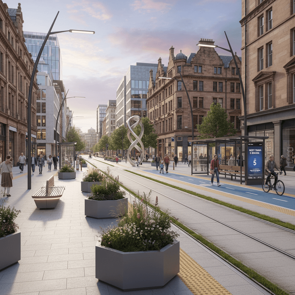 Street showing accessible pathways and modern city infrastructure improvements