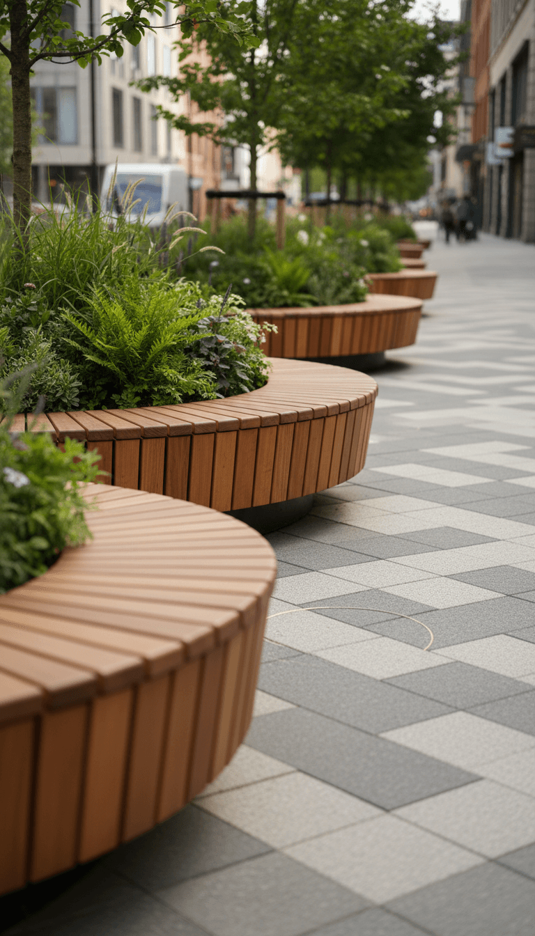 Detail shot of new street furniture and landscaping