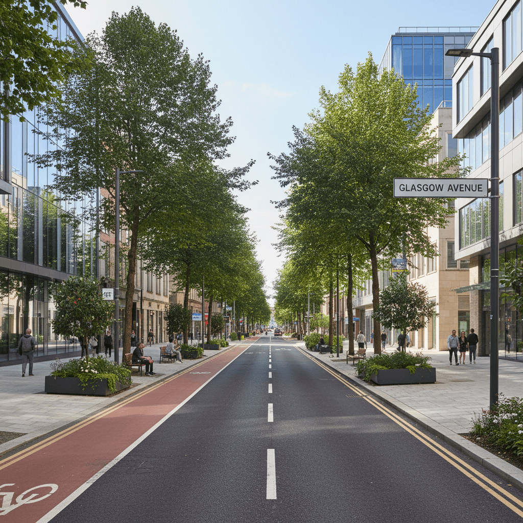Finished street improvement featuring enhanced walkways and environmental features