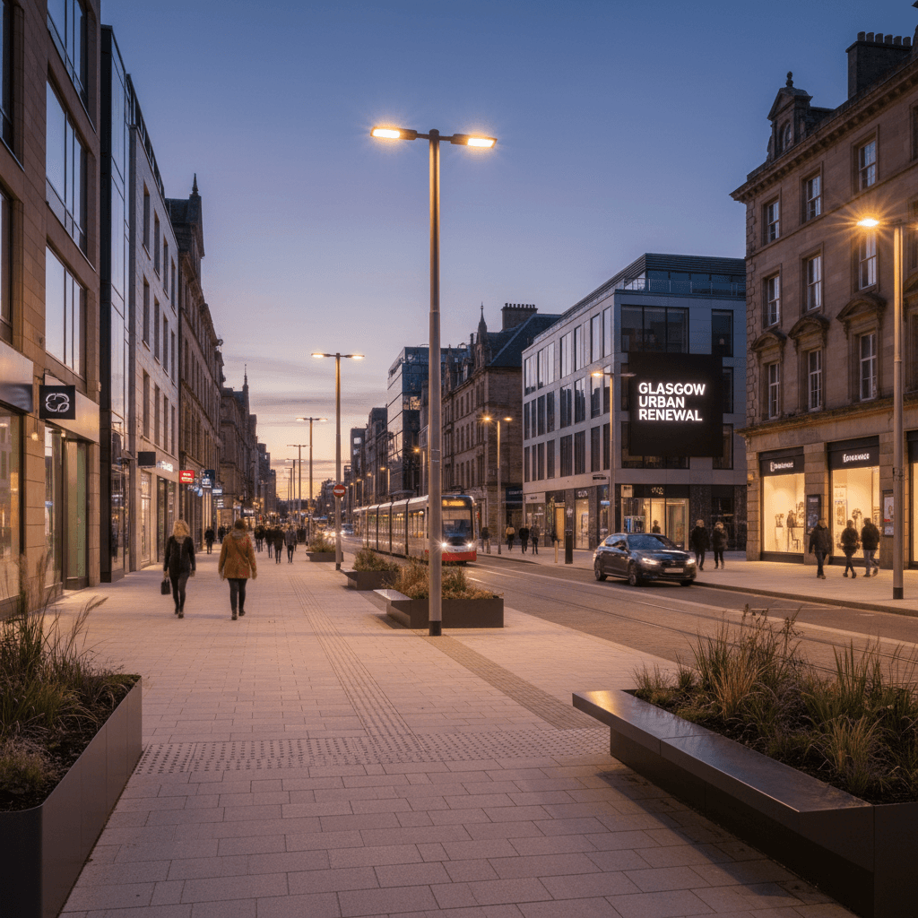 Renovated Glasgow street with enhanced lighting and widened pedestrian pathways