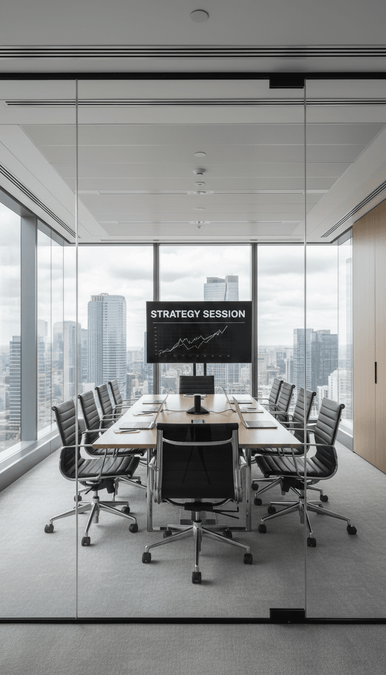 Glass-walled meeting room with modern conference table and chairs