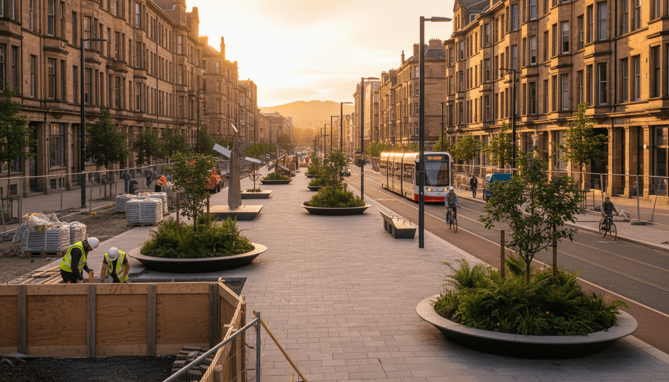 Renovated Glasgow city avenue with improved street lighting, pedestrian pathways, and green spaces