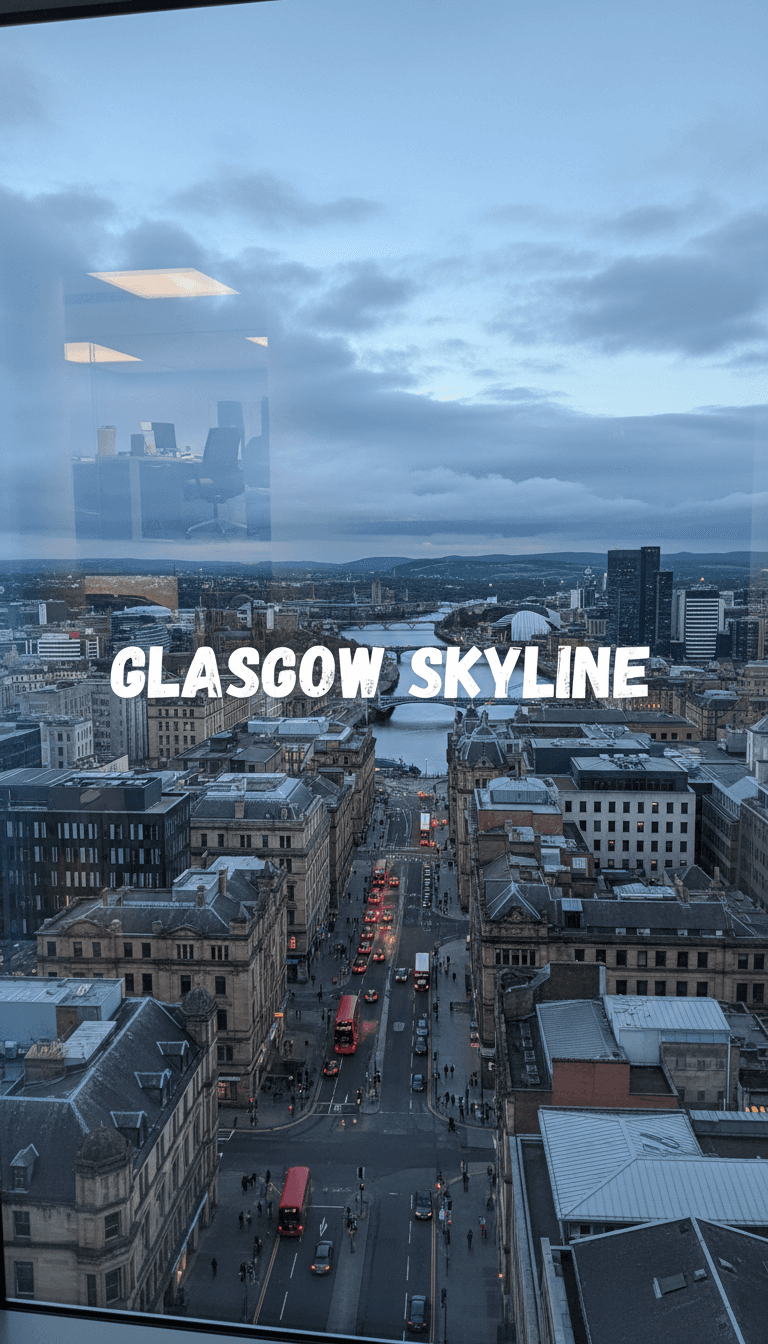 City view from an upper floor window showing Glasgow rooftops and sky