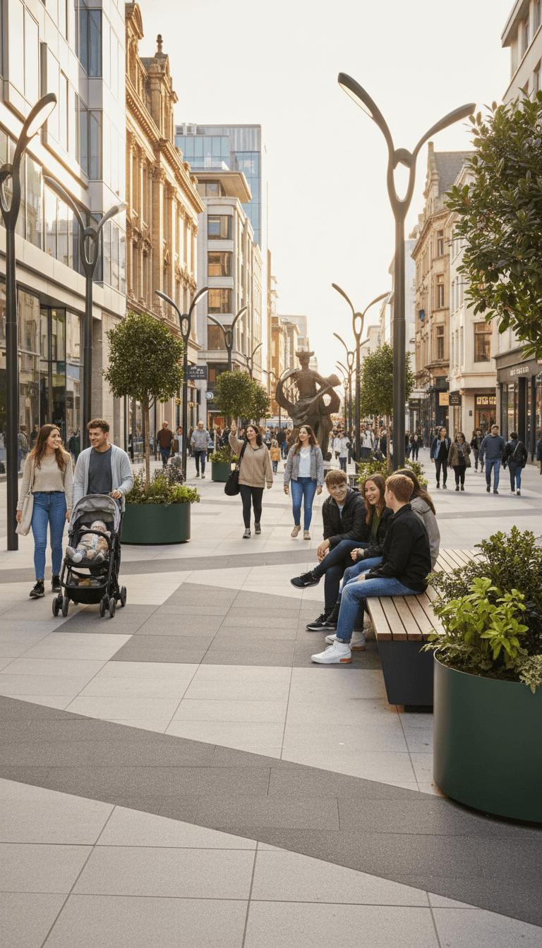 Completed street with families enjoying the improved public space