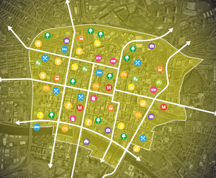 Aerial city map with yellow highlighted zone, colorful amenity icons, and white transit routes.