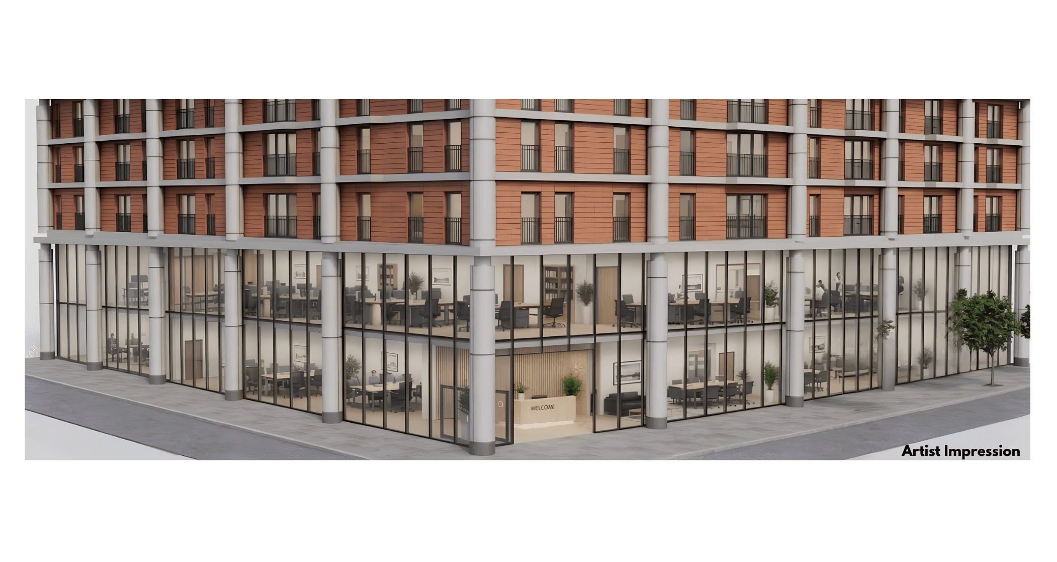 Architectural rendering of a corner building with glass-walled offices and terracotta-clad upper floors.
